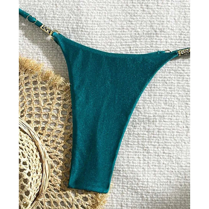 Metal Buckle Swimwear Women Micro Bikini Solid Lace Up Triangle Halter Backless Thong Bathing Suit Beach Vacation Bikini Set