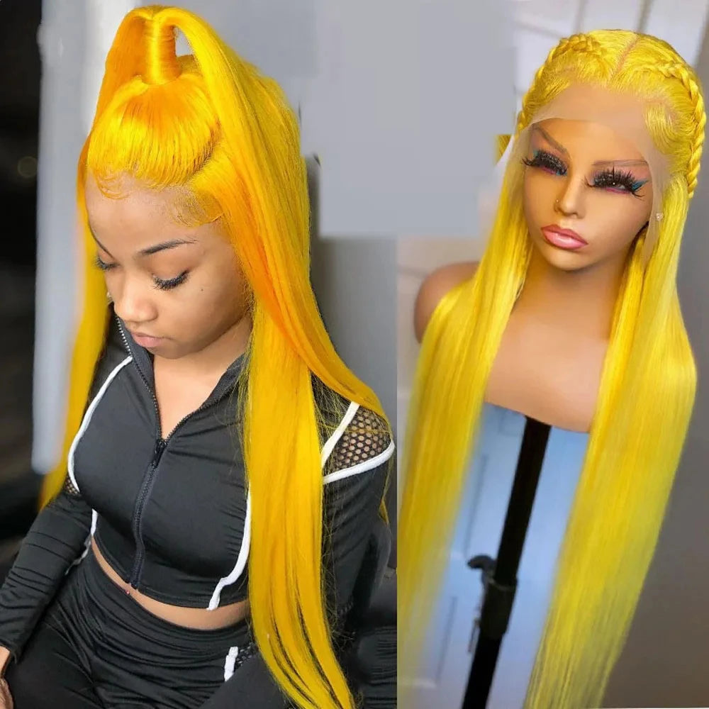 250Density 32inch lace front wig 13x4 Yellow colored human hair wig Brazilian PrePlucked Hair straight human hair wigs For Women