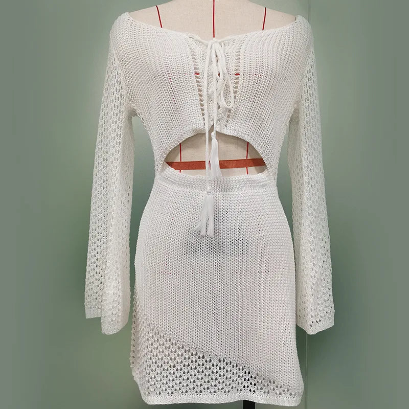 2024 Bikini Cover-up Beach White Crochet Tunic Knitted Summer Bodycon Mini Dress See Through Hollow Out Sexy Women Cover Up