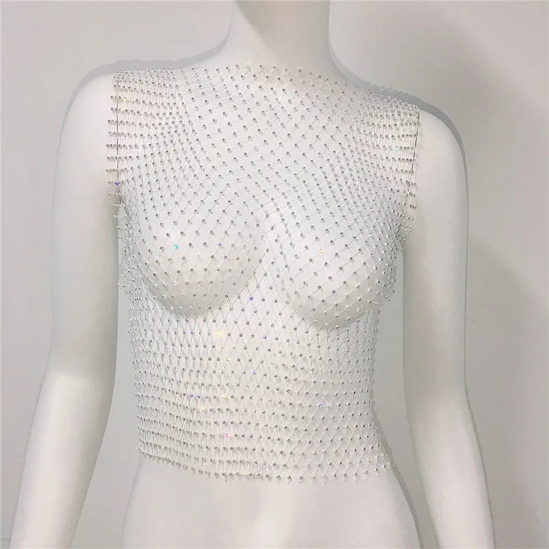 New Sexy Mesh Crop Tops for Women Summer Rhinestones Fashion Party Club See Through Fishnet Tank Hollow Out Backless Top