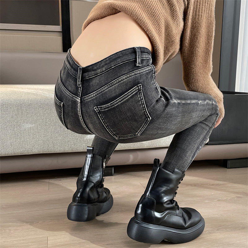 Women Winter Thermal Jeans Snow Warm  Stretchy Skinny Vintage Jeans Lady Denim Pencil Pants Casual Daily High Waist Trousers