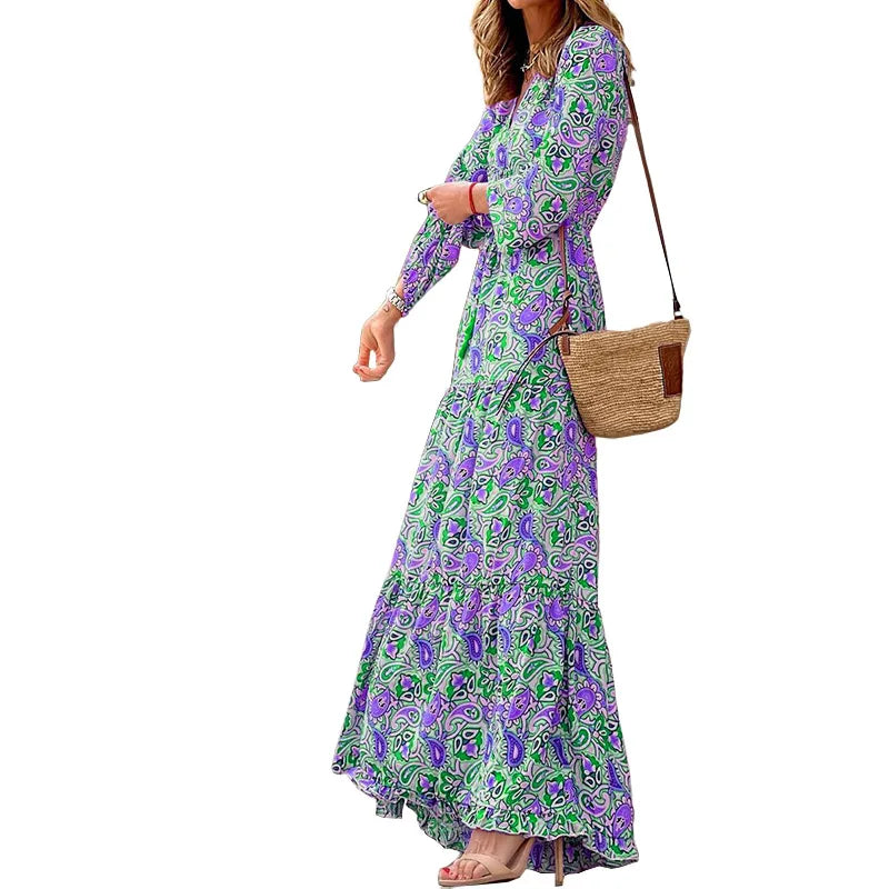 .Women's Autumn New Fashionable Printed Sexy V-neck Long Sleeve High Waist .Elastic Waist Medium Length Bohemian Dress