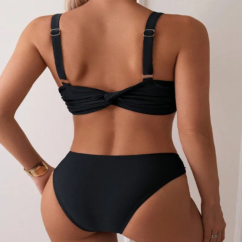 Black Two Piece Swimsuit 2024 Women's Shell Decoration Bikini Solid Color High Waist V-neck Backless Beach Vacation Swimwear New