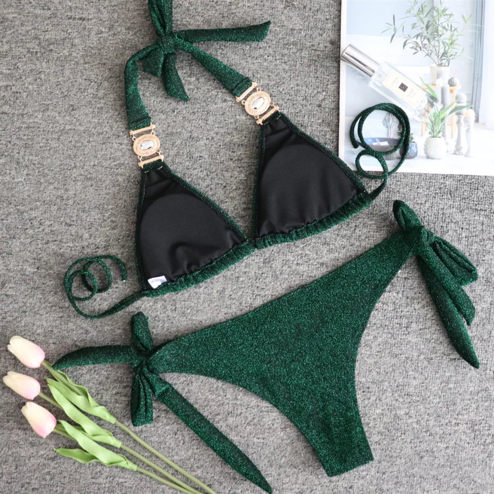 2025 Sexy Bikinis Swimsuit With Rhinestones Solid Color Swimwear Female Push Up Bikini Beach Swimming Bathing Suit Women Bather