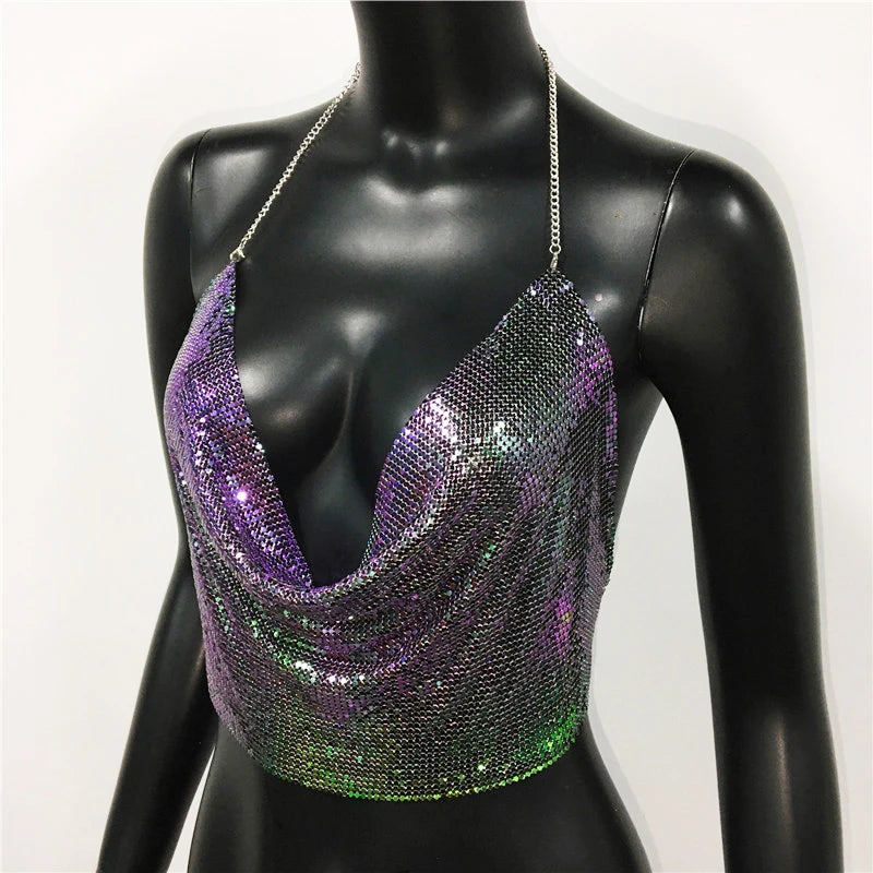 AKYZO Women 2025 Sexy Metal Sequined Tank Camis Summer Gold Silver Backless Cropped Glitter Beach Club Show Wear Tank Tops
