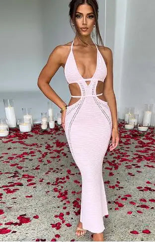 Women Halter Bodycon Long Dress Sexy Hollow Out Open Back Sleeveless Backless Knit Beach Dress Slim Fit Clubwear