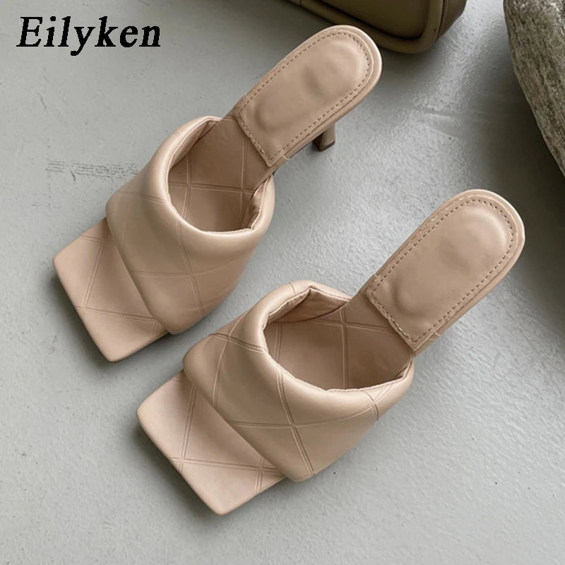 Eilyken Summer New Women Slipper Peep Toe Thin High Heel Sandal Shoes Ladies High Quality PU Leather Slides Pumps