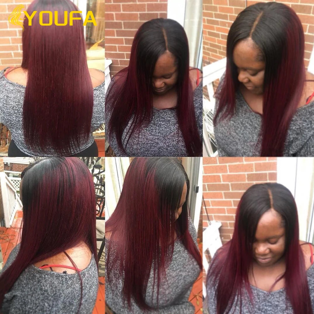 YOUFA 1B 99J Human Hair Bundles With Closure Pre Plucked Ombre Dark Burgundy Straight Hair Weave Bundles With 4x4 Lace Closure