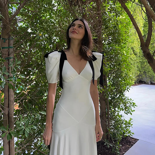 WhereMery Elegant Temperament Bow Summer Casual Maxi Dresses V-Neck Y2K Women's Long Dress Evening Party Office Holiday Vestidos