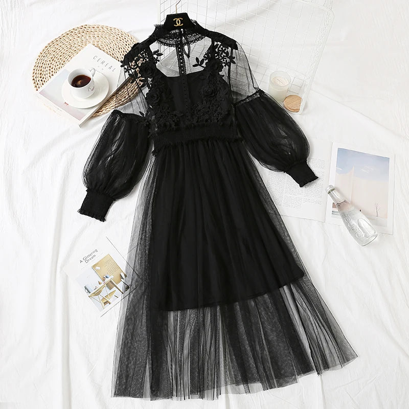 Lace Flower Dress Women Lantern Sleeve Voile Long Dress Female Hook Princess Dresses 2 Piece Set New Robe Vestidos 12041