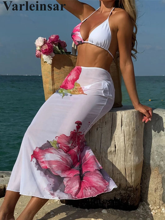 Flowers Printed With Skirt Halter Bikini Women Swimwear Female Swimsuit Three-pieces Bikini set Bather Bathing Suit Swim V6637