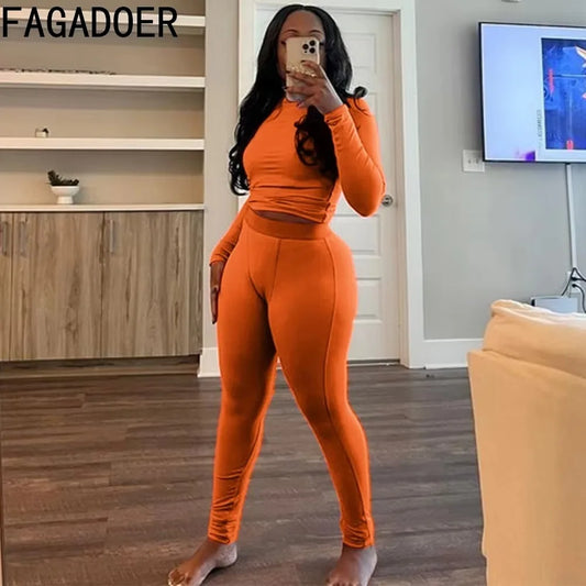 FAGADOER Autumn Winter New Ribbing 2 Piece Sets Women Outfit Solid Long Sleeve Crop Top + High Waist Leggings Suits Sportswear
