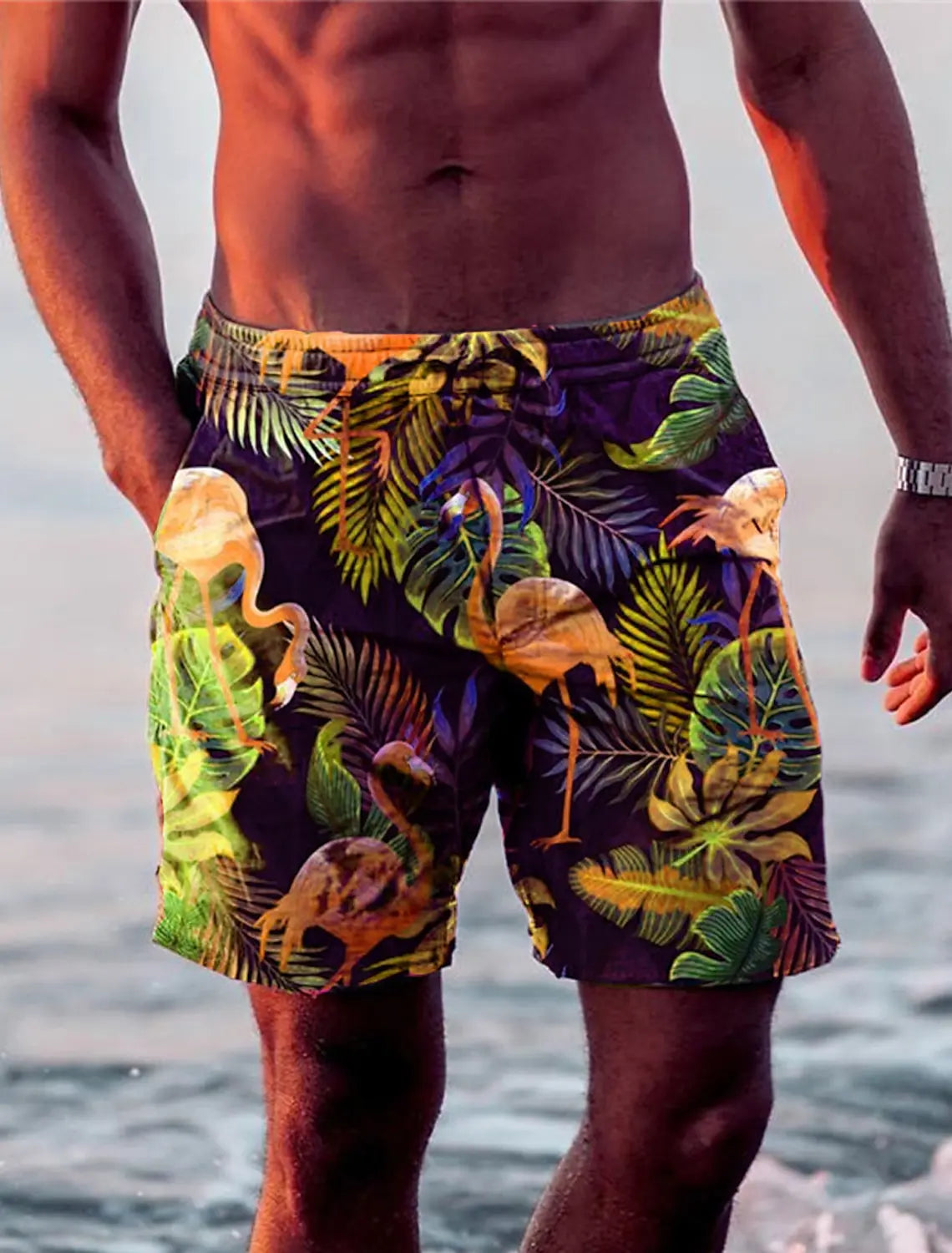 New Men's Shorts Swim Trunks Drawstring Leaf Flamingo Graphics Quick Dry Short Casual Holiday Hawaiian Micro-elastic