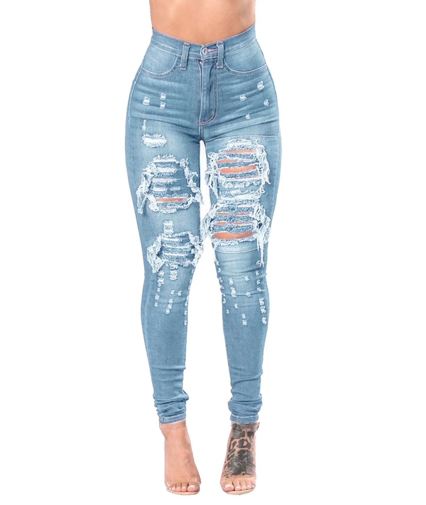 Europe and America Fashion Stretch Washed Ripped Jeans, Women's Spring and Autumn New Slim-fit High-waisted Small Feet Pants