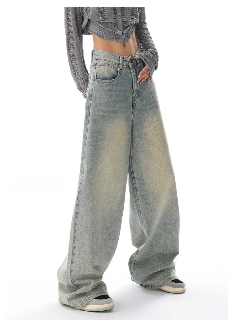 Personality Street Vintage Light Blue Wide-leg Jeans, Spring and Summer New Fashion Casual Loose Floor Length Jeans for Women