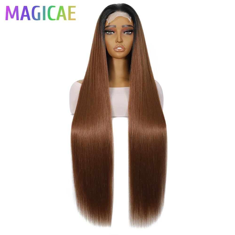 36Inches Straight 4X4 Lace Front Wigs 330Grams Blond 27/613 Chestnut Brown Bio Heat Resistant Fiber Pre Plucked Transparent Lace