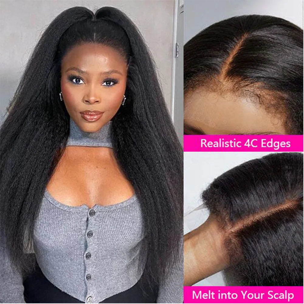 Kinky Straight Lace Front Wigs Human Hair 13x4 Yaki Straight Human Hair Lace Front Wigs Pre Plucked Transparent Wigs 12"-30"