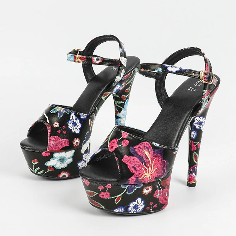 Liyke Designer Mixed Colors Flowers Print Leather Platform Sandal Women Sexy Peep Toe Super High Heels Party Club Stripper Shoes