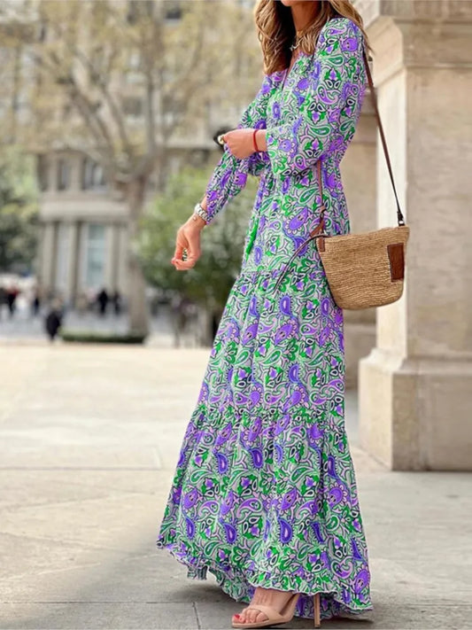 .Women's Autumn New Fashionable Printed Sexy V-neck Long Sleeve High Waist .Elastic Waist Medium Length Bohemian Dress
