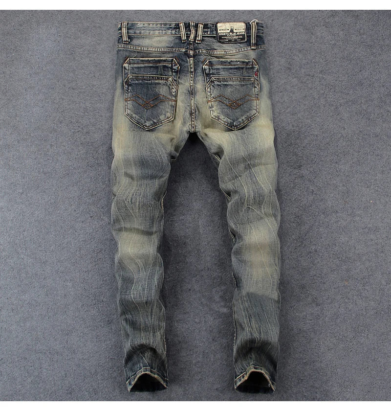 Newly Vintage Fashion Men Jeans Retro Washed Elastic Slim Fit Ripped Jeans Men Italian Style Designer Casual Denim Pants Hombre