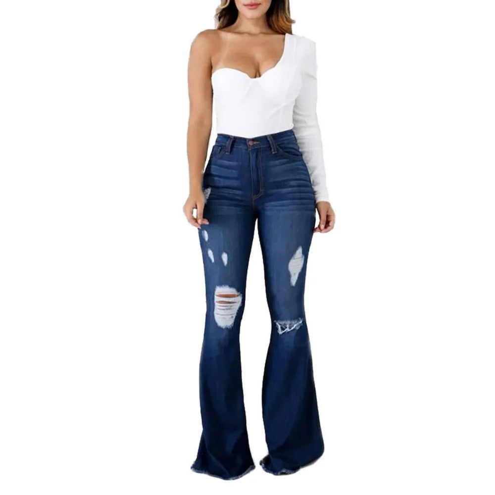 2025 Spring New High Waist Ripped Flared Jeans For Women Fashion Stretch Slim Denim Pants Casual Female Clothing S-3XL Drop Ship