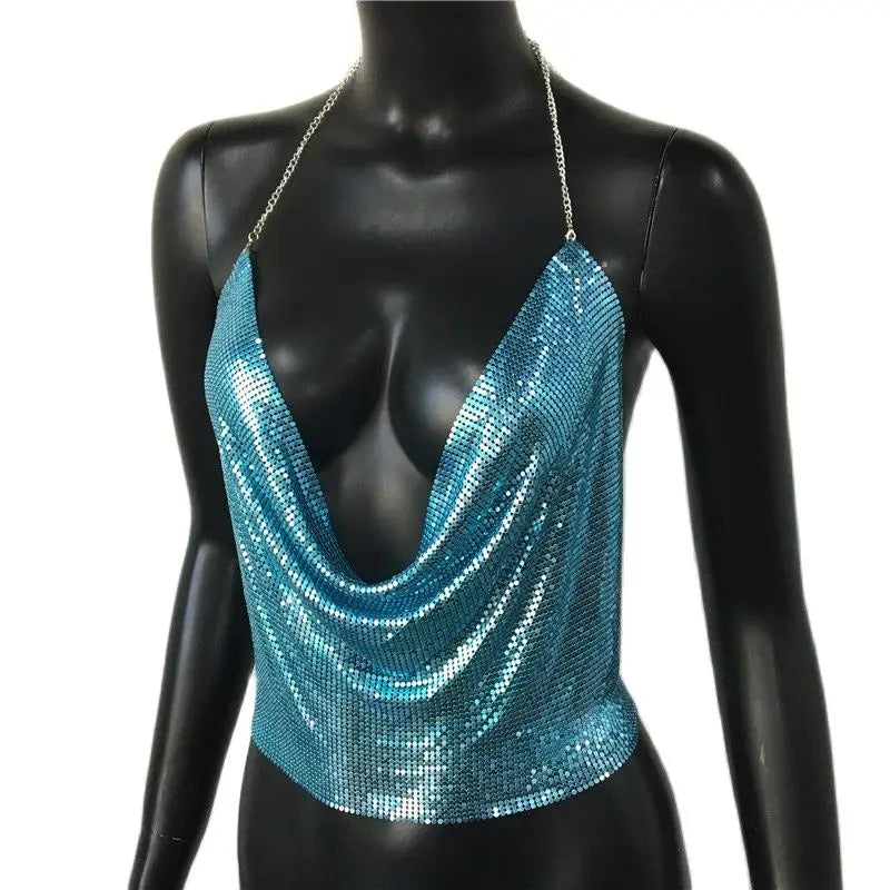 Women 2025 Sexy Metal Sequined Tank Camis Summer Gold Silver Backless Cropped Glitter Beach Club Show Wear Tank Tops