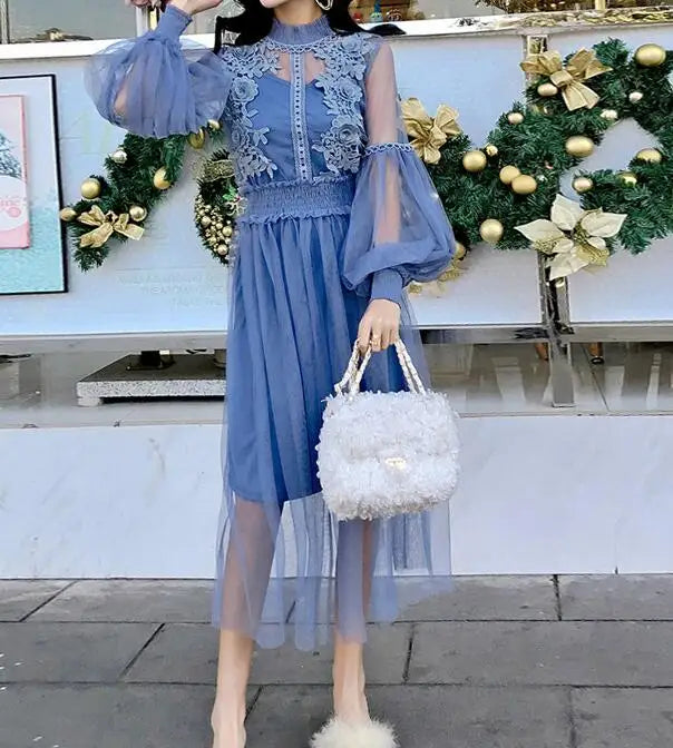 Lace Flower Dress Women Lantern Sleeve Voile Long Dress Female Hook Princess Dresses 2 Piece Set New Robe Vestidos 12041