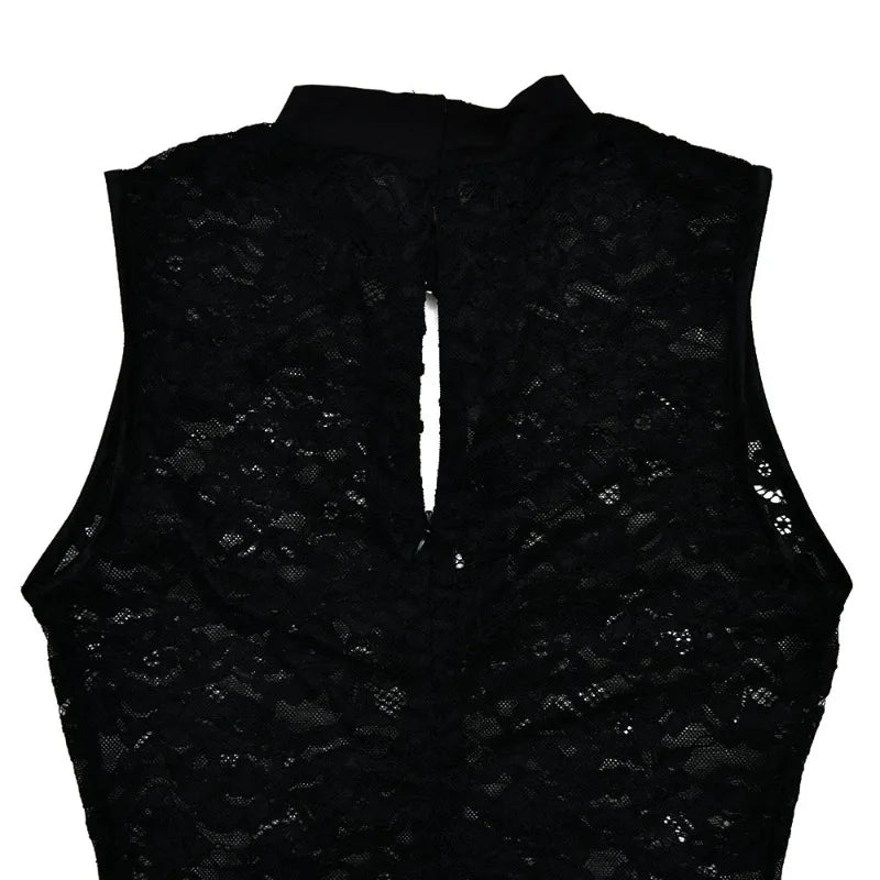 BOOFEENAA See Through Lace Sexy Black Dresses Women 2024 Hollow Out Sleeveless High Split Long Dress Party Club Outfits C92-EI32