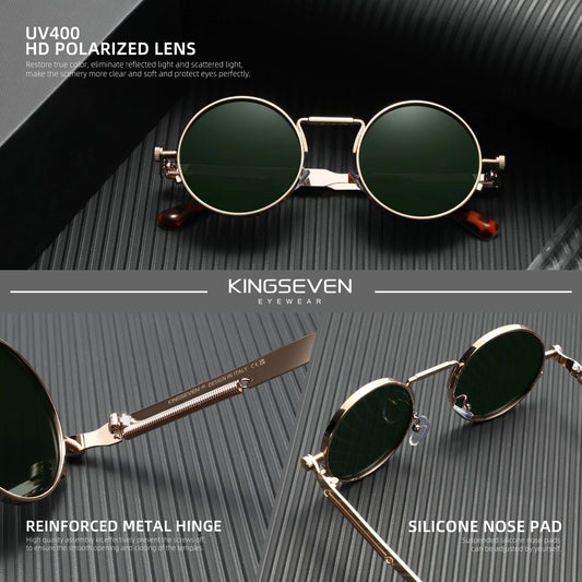 KINGSEVEN 2025 Trend Round Sun Glasses Polarized Men Sunglasses UV400 Gothic Steampunk Style Male Anti-Glare Mirror Lens