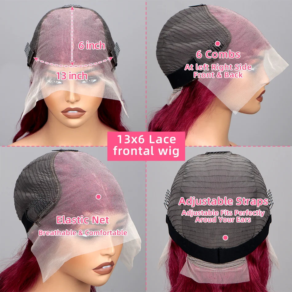 13x6 Lace Front Wigs Human Hair 200% Density 99j Burgundy Lace Front Wigs Human Hair 28 inch Body Wave Lace Front Wigs Brazilian