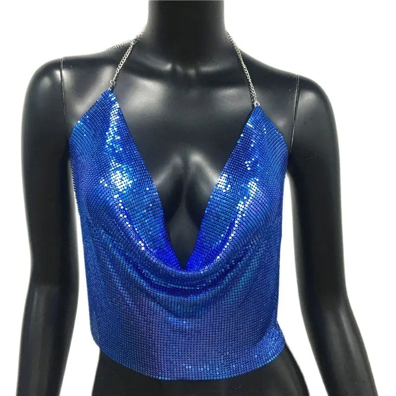 Women 2025 Sexy Metal Sequined Tank Camis Summer Gold Silver Backless Cropped Glitter Beach Club Show Wear Tank Tops