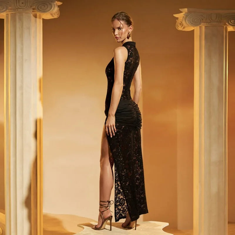 BOOFEENAA See Through Lace Sexy Black Dresses Women 2024 Hollow Out Sleeveless High Split Long Dress Party Club Outfits C92-EI32
