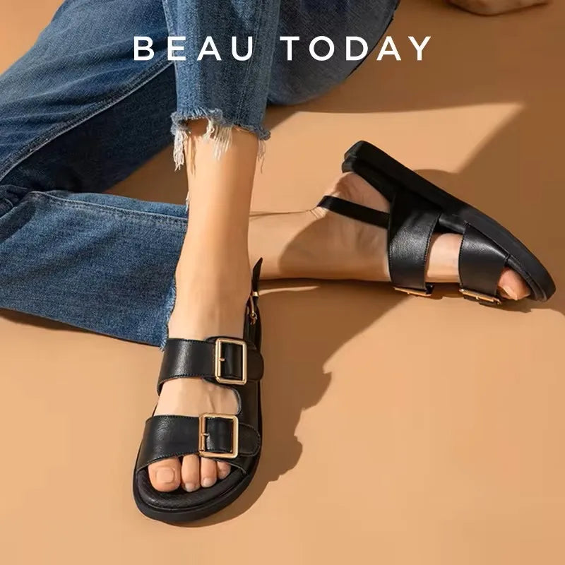 BeauToday Casual Sandals Women Genuine Leather Metal Ankle Buckle Strap Summer Beach Ladies Low Heel Sport Shoes Handmade 38128