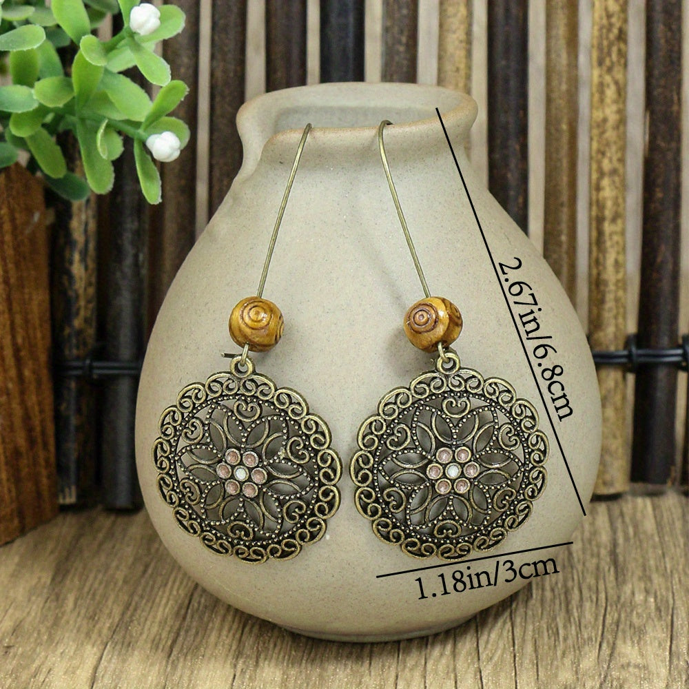 Retro Style Antique Bronze Smeared Blue Leaf Hollow Pendant Large Ear Hook Women's Earrings