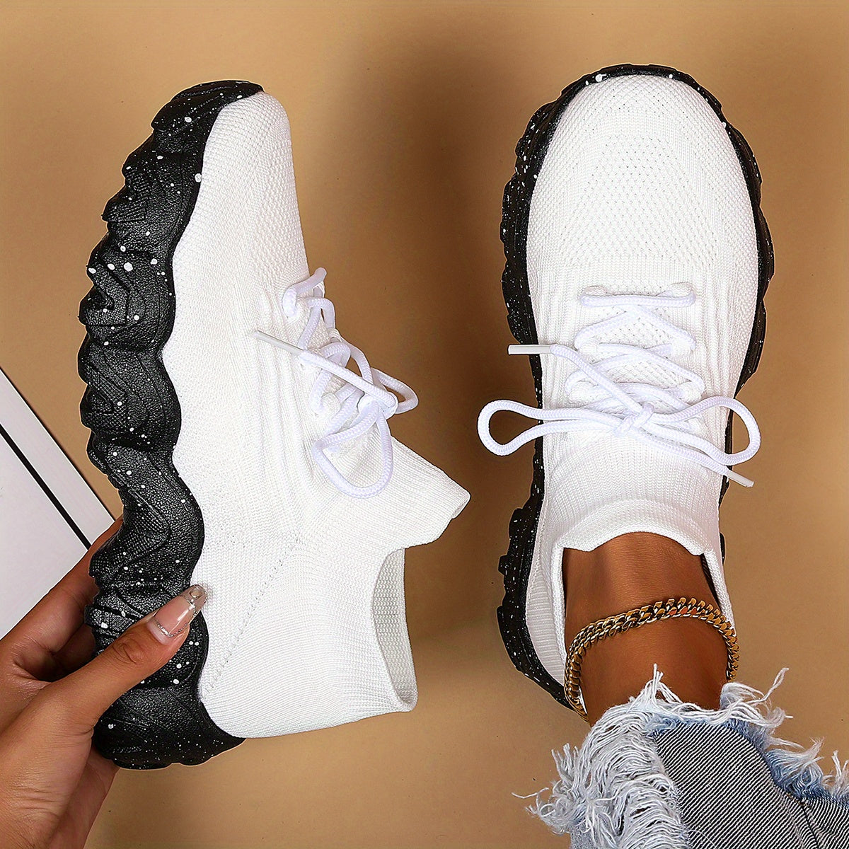 [Breathable Fabric Women's Socks Sneakers] Women's Breathable Fabric Socks Sneakers, Flying Woven Lace-Up Chunky Sneakers, Elastic Running Shoes