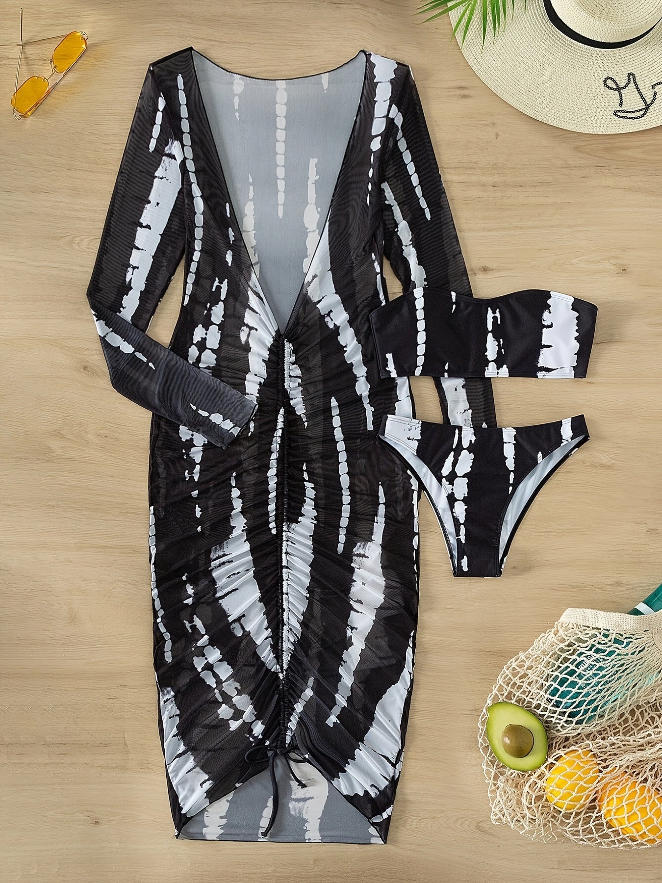 3-piece Tie Dye Bandeau Bikini Sets, Strapless Tube Top With Long Sleeve Open Up Top Long Cover Up Dress, Women's Swimwear & Clothing