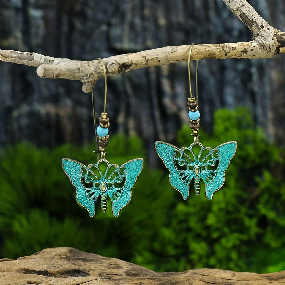 Retro Style Antique Bronze Smeared Blue Leaf Hollow Pendant Large Ear Hook Women's Earrings