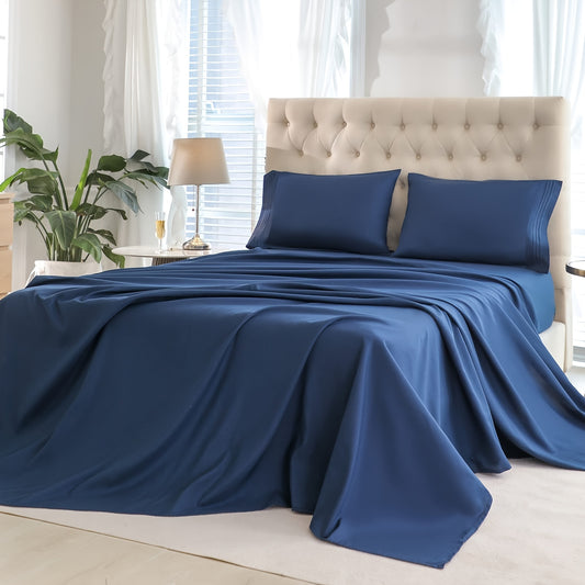 3/4pcs Luxury Navy Blue Soft Brushed Microfiber Fitted Sheet Set - Hypoallergenic, Breathable, Wrinkle-Resistant, and Easy Care - Includes 1 Deep Pocket Fitted Sheet, 1 Flat Sheet, and 1/2 Pillow Case for a Comfortable Sleepi