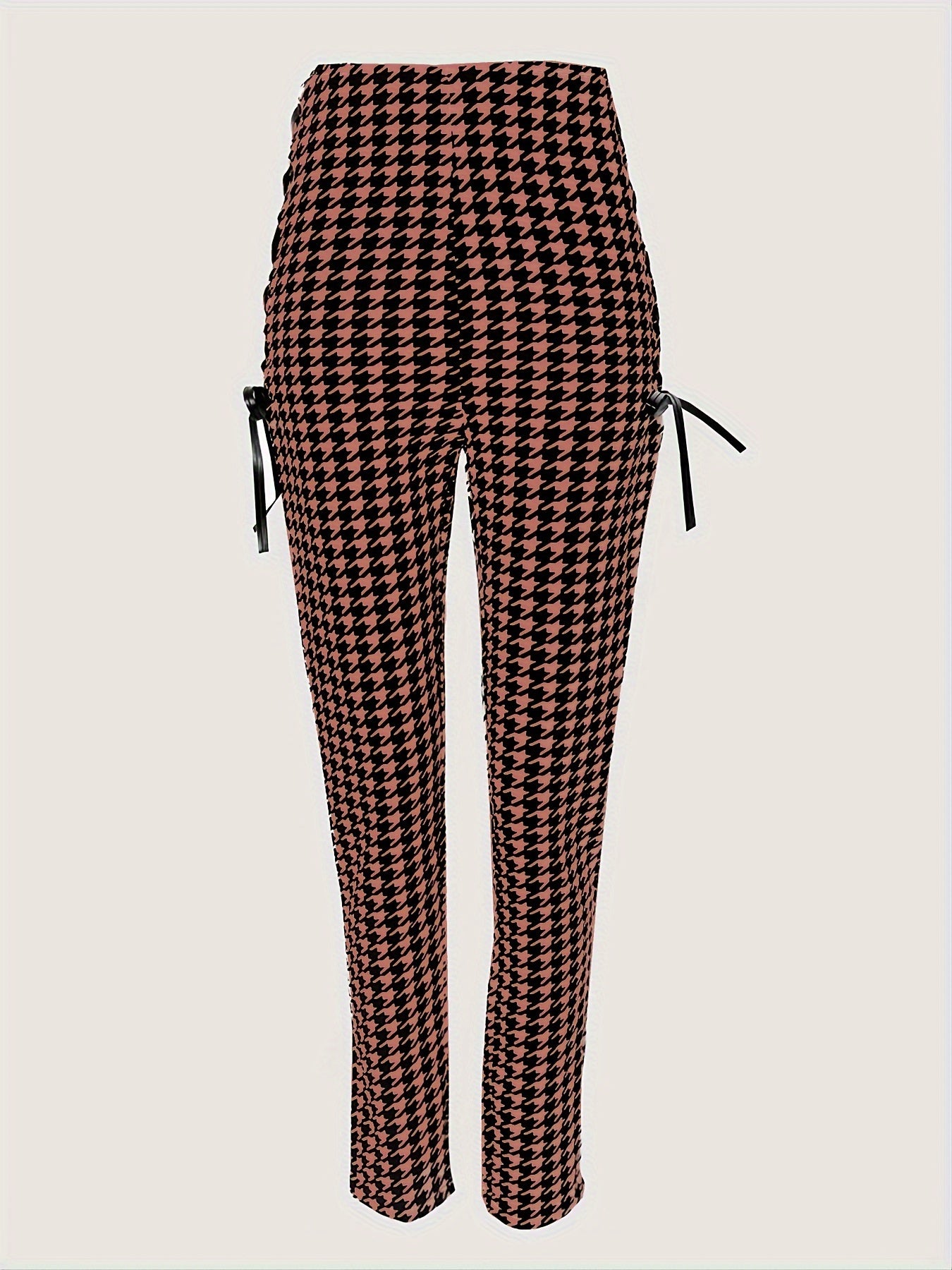 Houndstooth Skinny Leggings Pants, Side Lace Up High Waist Stretchy Pants, Casual Every Day Pants, Women's Clothing