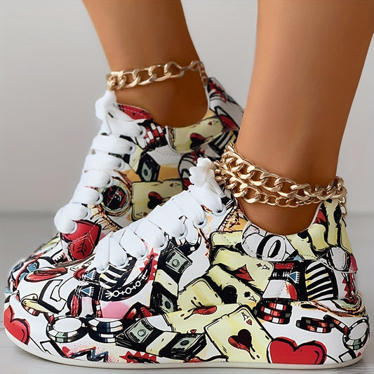 Women's Lace-Up Low-Top Sneakers - Thick Platform Sole for Stability & Height - Non-Slip MD Outsole - Bold Black/Red/White Graffiti Print - Synthetic Leather Upper - Skateboarding, Streetwear, Everyday Shoes - All-Season Wome