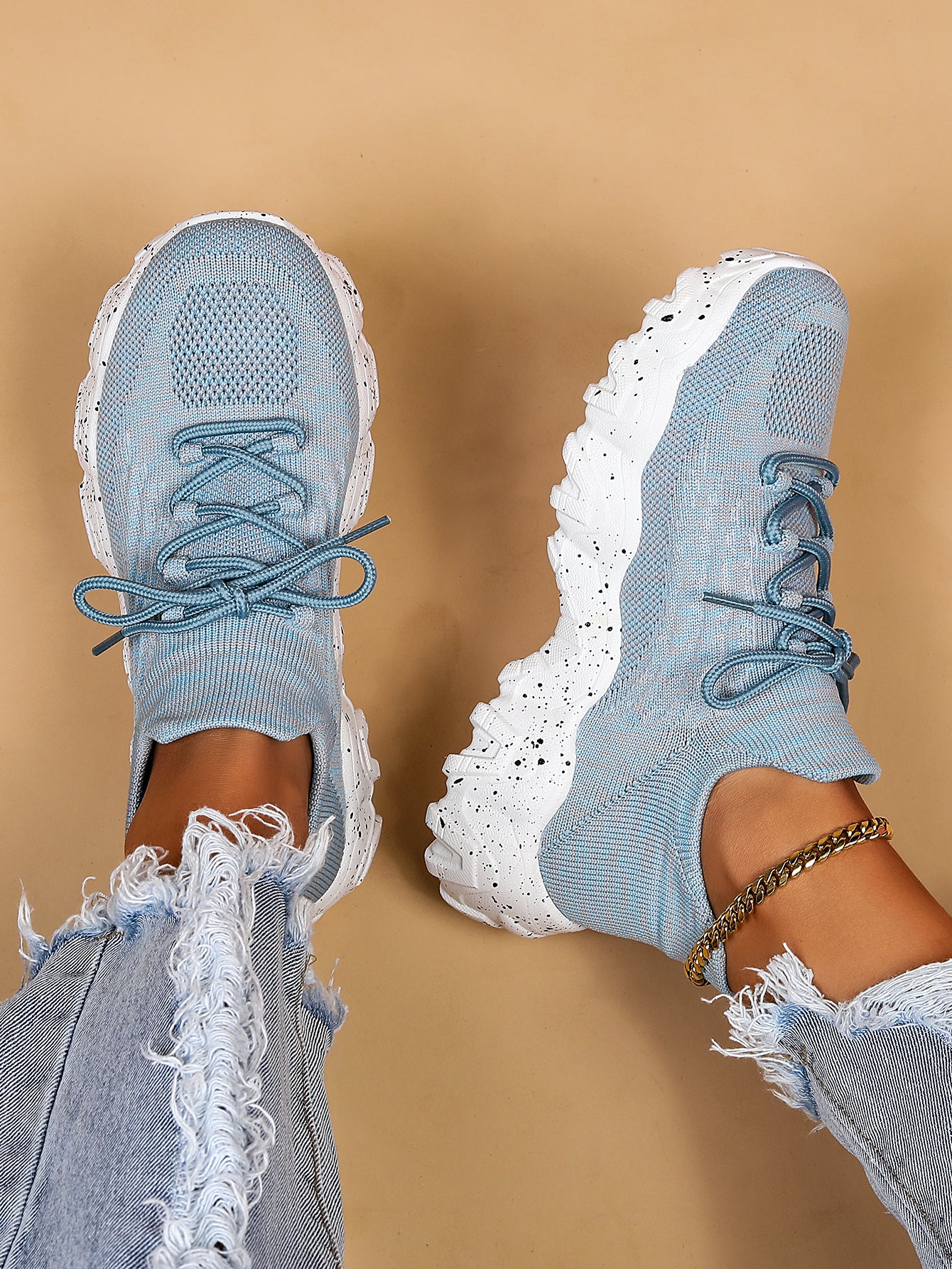 [Breathable Fabric Women's Socks Sneakers] Women's Breathable Fabric Socks Sneakers, Flying Woven Lace-Up Chunky Sneakers, Elastic Running Shoes