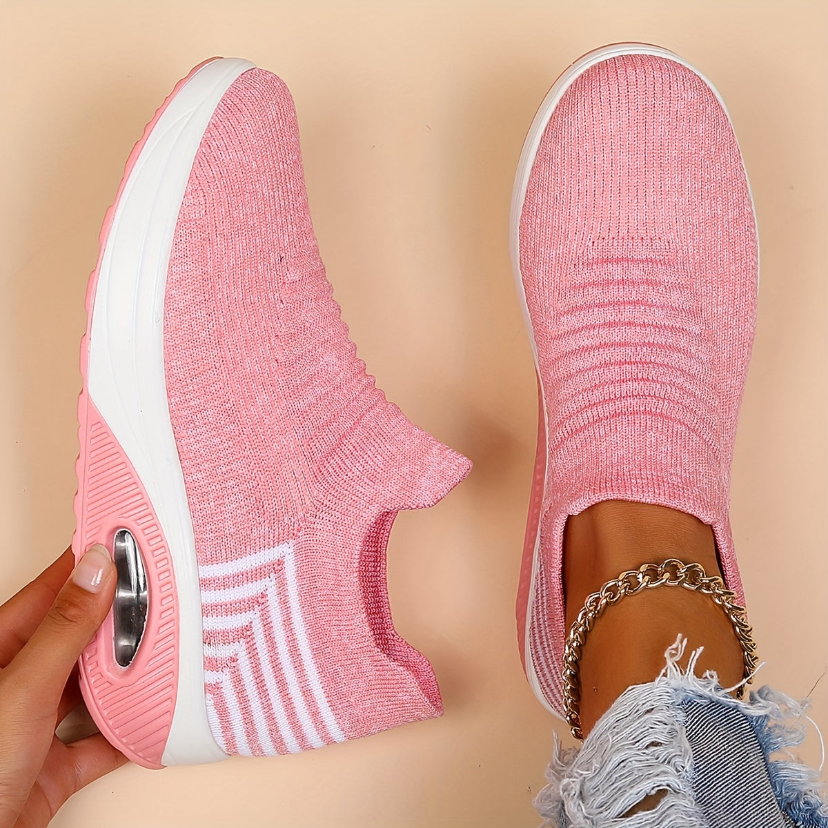 Women's Air Cushion Sneakers, Breathable Round Closed Toe Low Top Slip On Shoes, Women's Casual Knitted Shoes