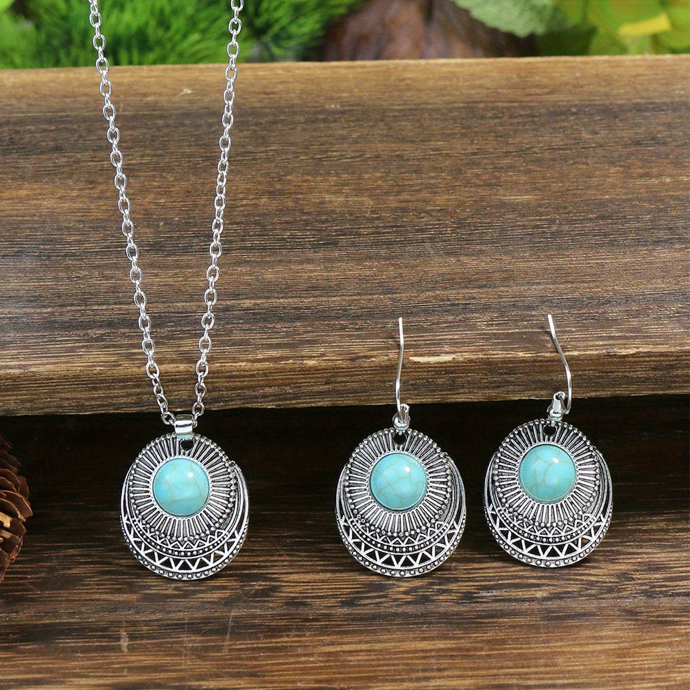 1 Pair Earrings/1 Pair Earrings+1pc Necklace, Retro Ethnic Style Women's Jewelry Set Round Antique Silvery Pendant Geometric Totem Inlaid With Simulated Green Rhinestones Embellished Earrings And Necklace Set
