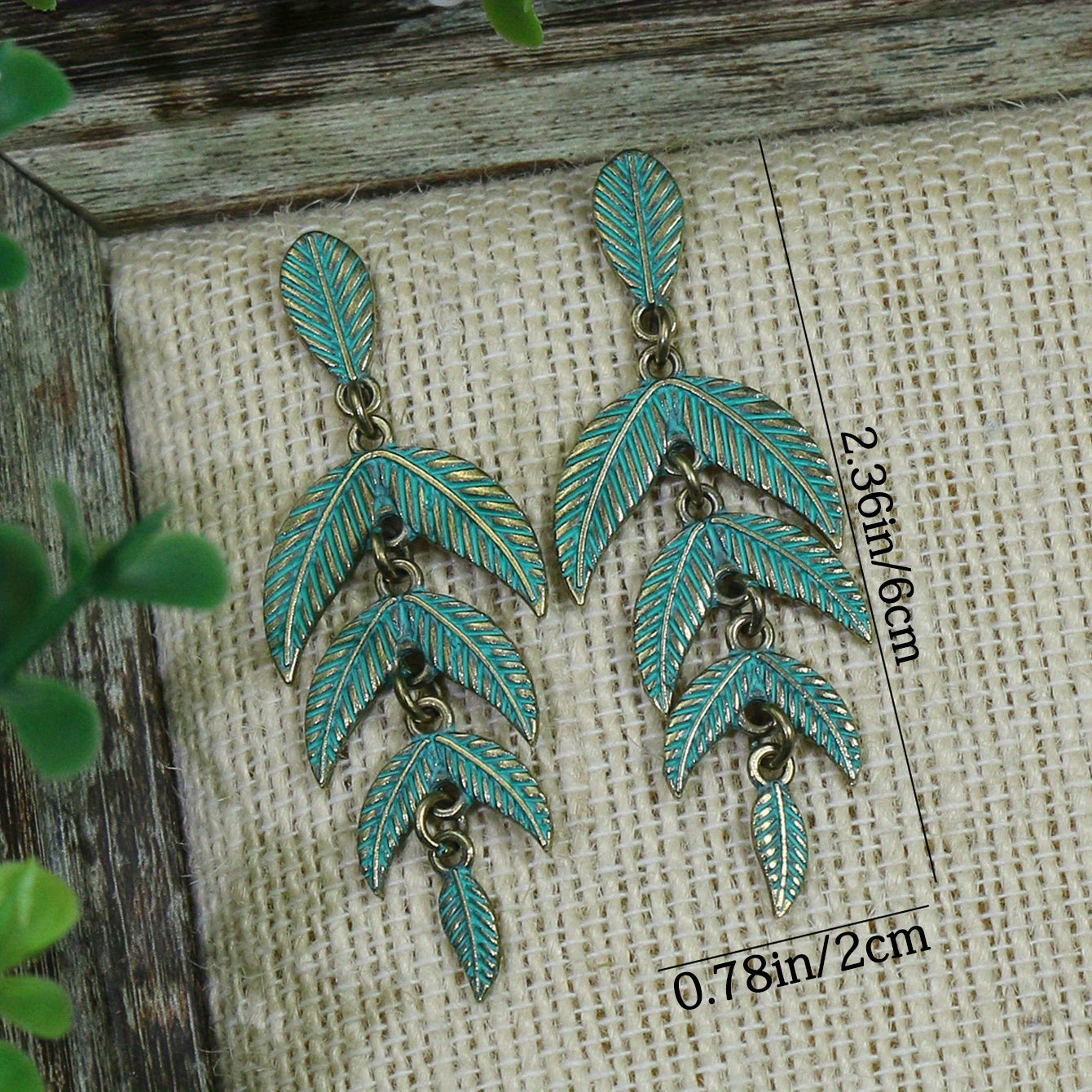 Retro Style Antique Bronze Smeared Blue Leaf Hollow Pendant Large Ear Hook Women's Earrings