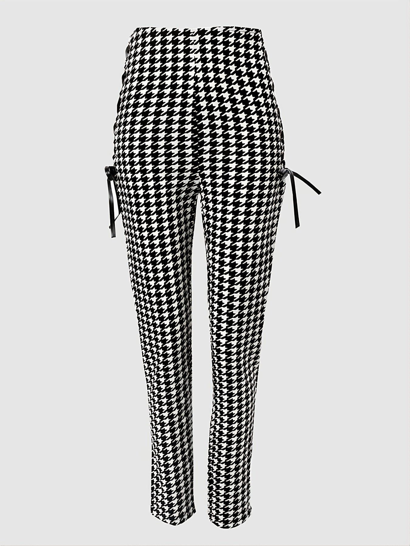 Houndstooth Skinny Leggings Pants, Side Lace Up High Waist Stretchy Pants, Casual Every Day Pants, Women's Clothing
