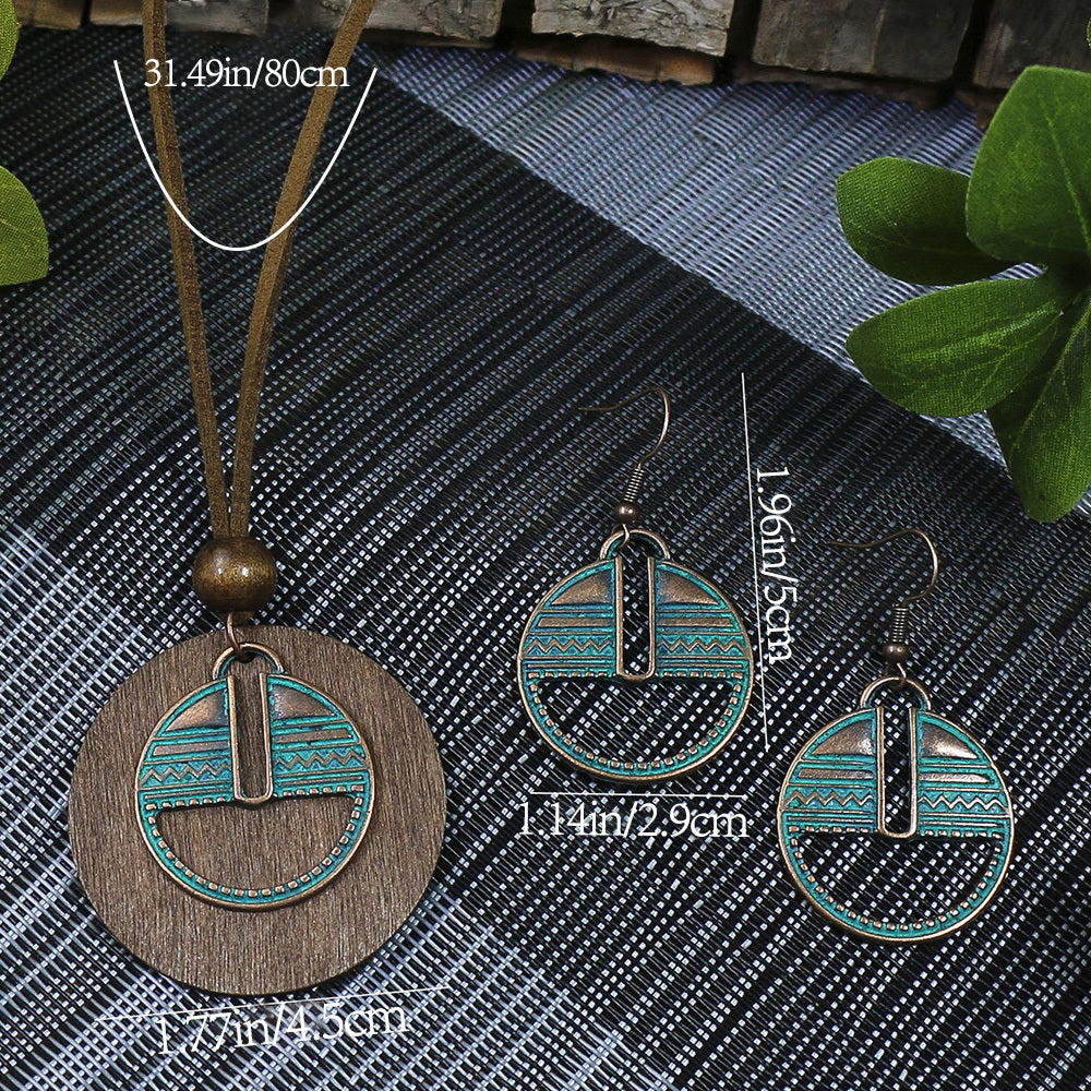 3pack Ancient Folk Wooden Round Plus Geometric Ancient Copper Layered Charm Earrings Necklace Set