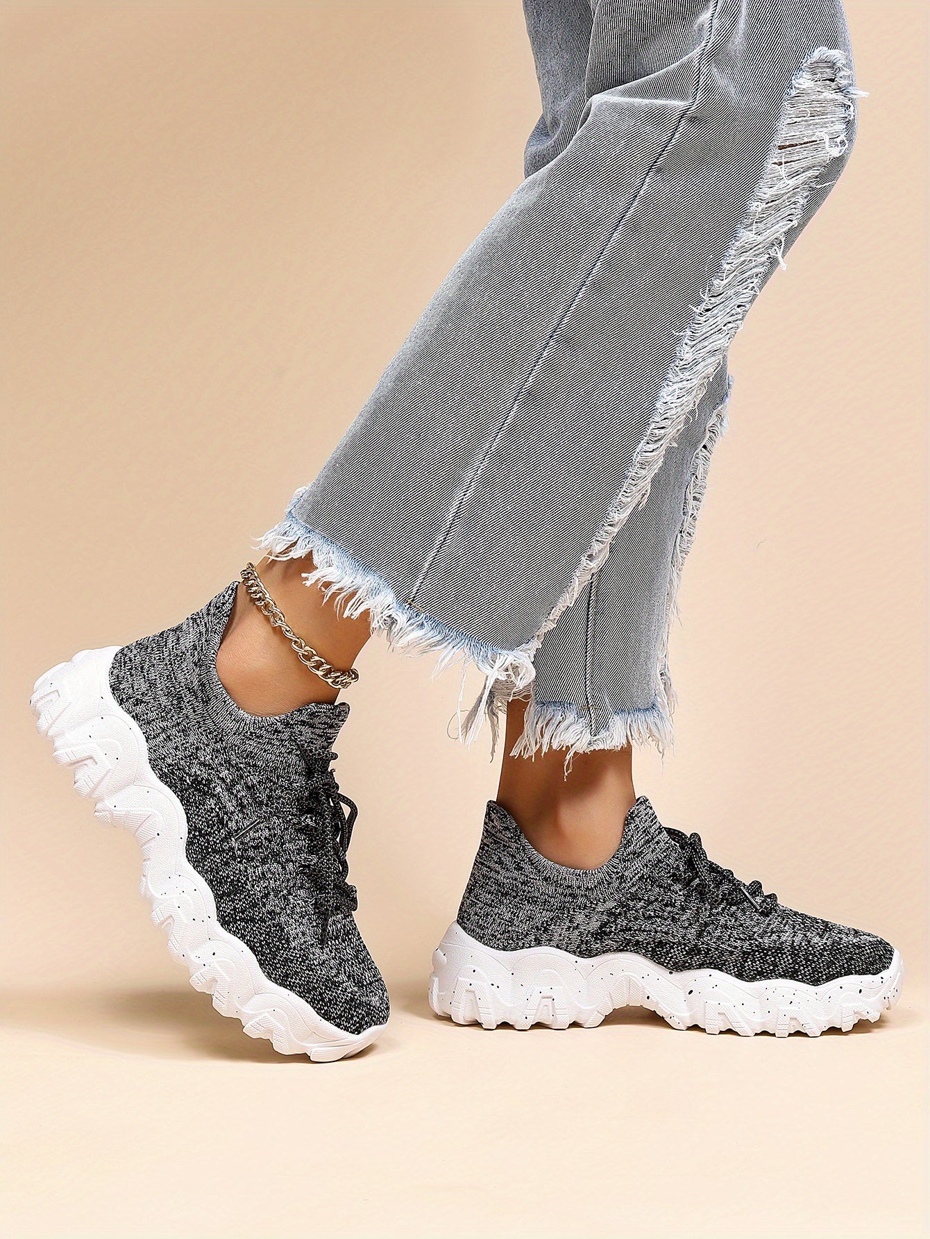 [Breathable Fabric Women's Socks Sneakers] Women's Breathable Fabric Socks Sneakers, Flying Woven Lace-Up Chunky Sneakers, Elastic Running Shoes