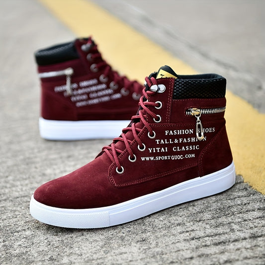 Mens British Style Canvas High-top Sneakers - Lace-up Closure, Casual All-Match, Trendy Design with Decorative Zippers