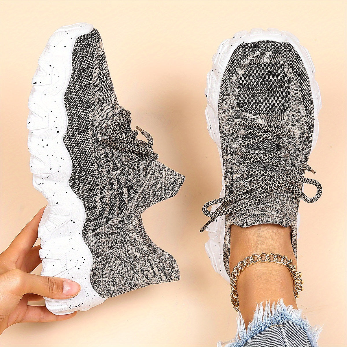 [Breathable Fabric Women's Socks Sneakers] Women's Breathable Fabric Socks Sneakers, Flying Woven Lace-Up Chunky Sneakers, Elastic Running Shoes