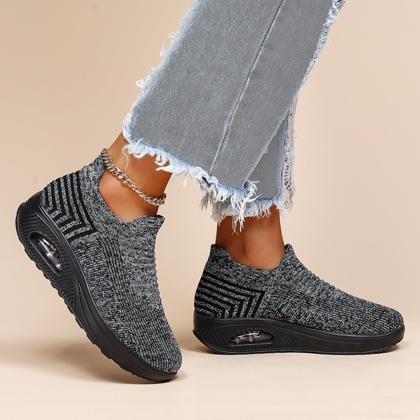 Women's Air Cushion Sneakers, Breathable Round Closed Toe Low Top Slip On Shoes, Women's Casual Knitted Shoes